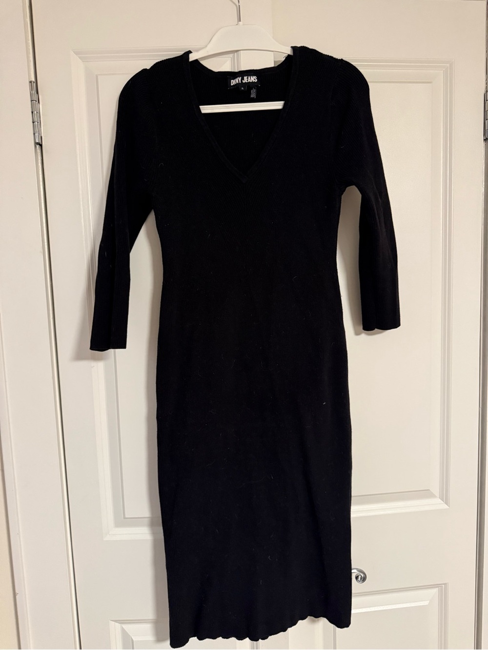 DKNY Black Ribbed V-Neck Midi Dress